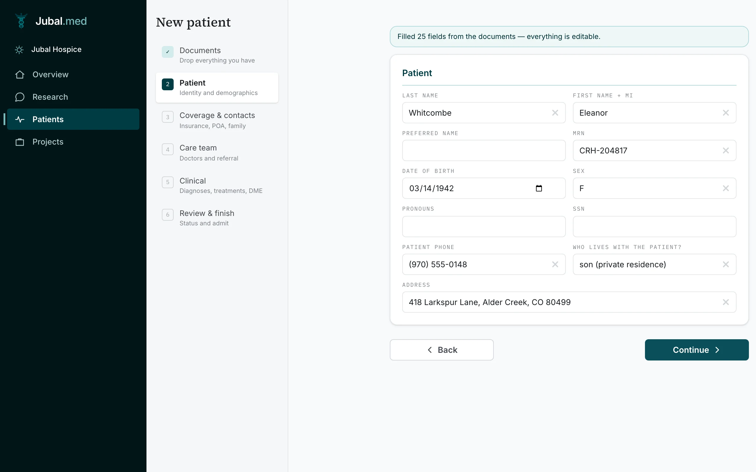 New-patient intake in Jubal med reading four uploaded referral documents and pre-filling the form.