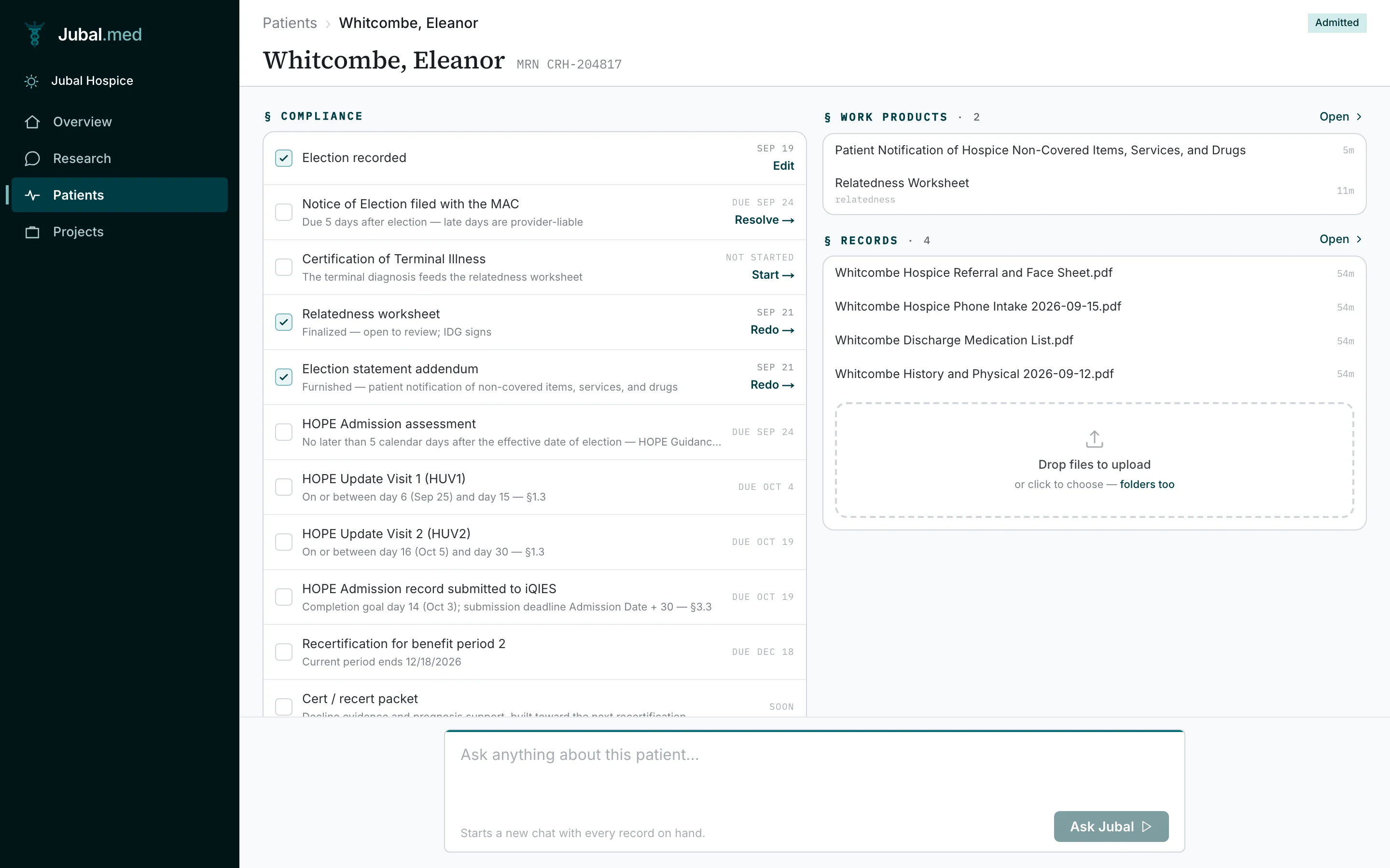 A patient page in Jubal med: the compliance card with the Notice of Election, certification, relatedness worksheet, addendum and HOPE clocks, beside the patient's records and documents.
