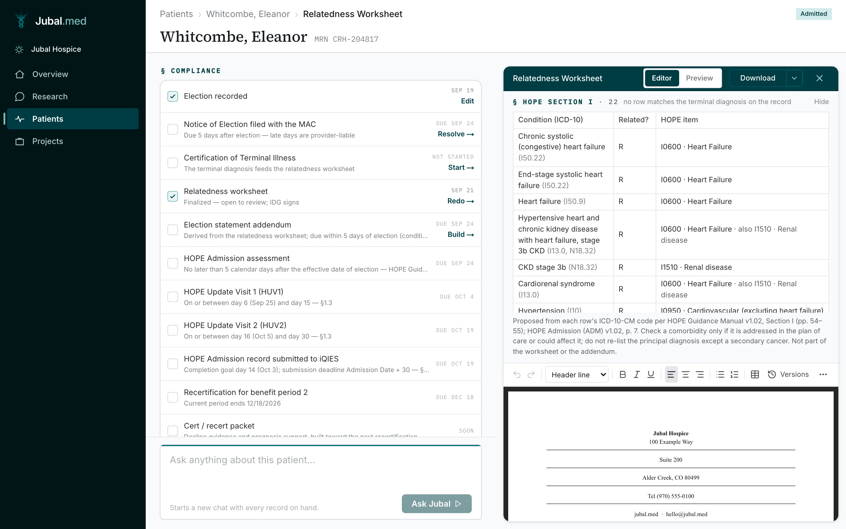 A relatedness worksheet in Jubal med with each diagnosis marked related or unrelated, its rationale, and the HOPE Section I item.